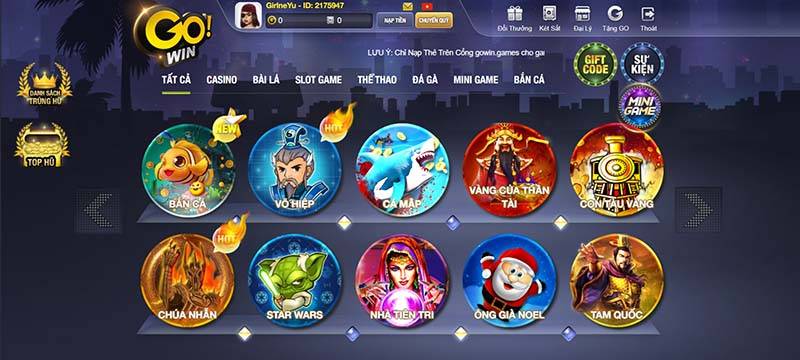 Giao diện cổng game Gowin
